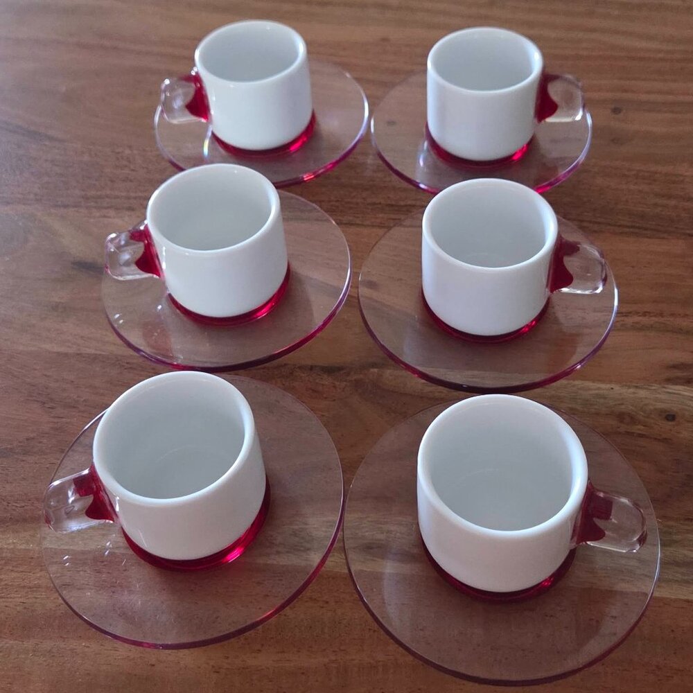 GUZZINI Italy set of 6 Porcelain w/ Acrylic Espresso Cups & Saucers EXCELLENT